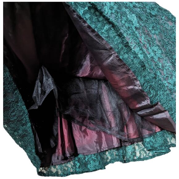 Vtg 1980s D.B.Y. Forest Green Lace Puff Sleeve Strap Back Lolita Mini Dress 2 3 - Picture 4 of 6